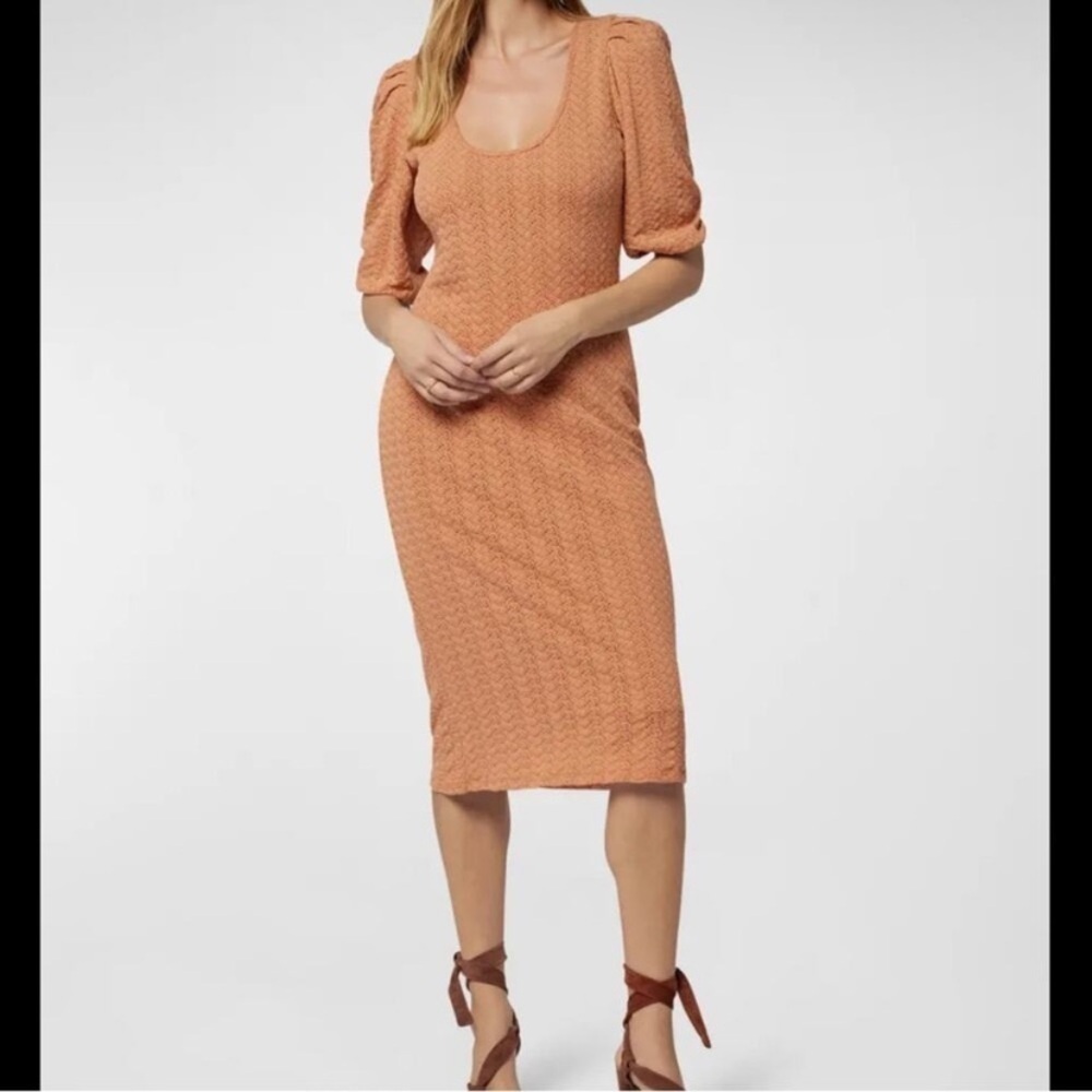 NWT Joie Mia Tan Sandstorm Knit Lined Puff Sleeve Midi Dress Size Small